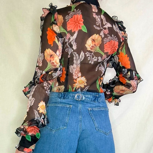 Jade & Cloud Sheer Button up Floral, Ruffle Black Bodysuit,  Size Small - Picture 4 of 15